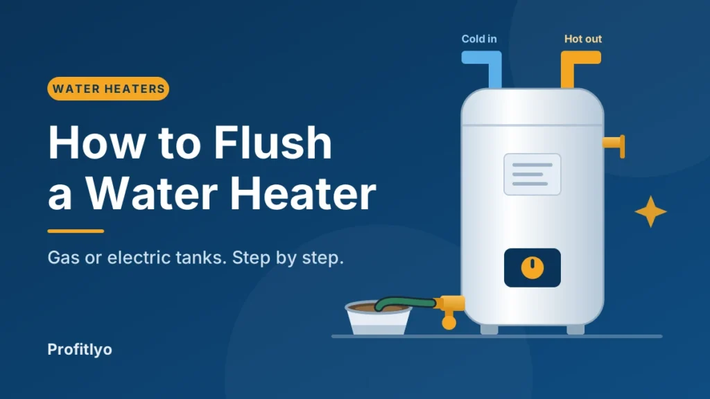 Flush water heater diagram: tank heater with a drain hose and bucket