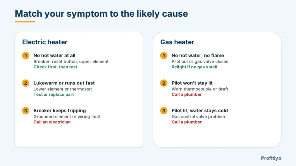 Hot water heater not working: symptom guide for electric and gas heaters