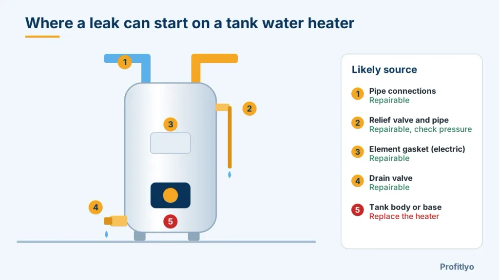 Water heater leaking from bottom diagram showing five possible leak sources