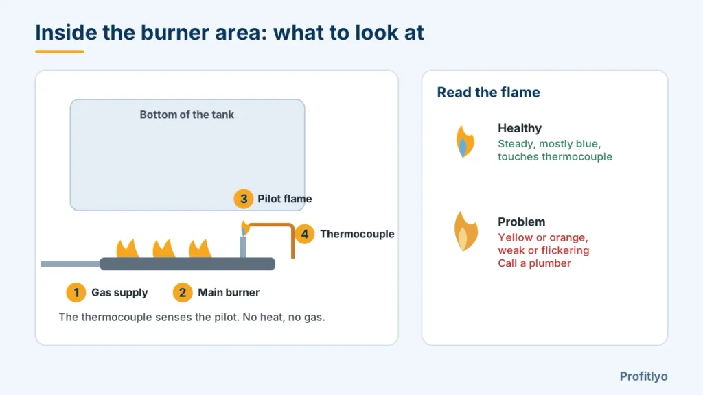 Water heater pilot light diagram showing the burner, pilot flame, thermocouple and healthy flame colors