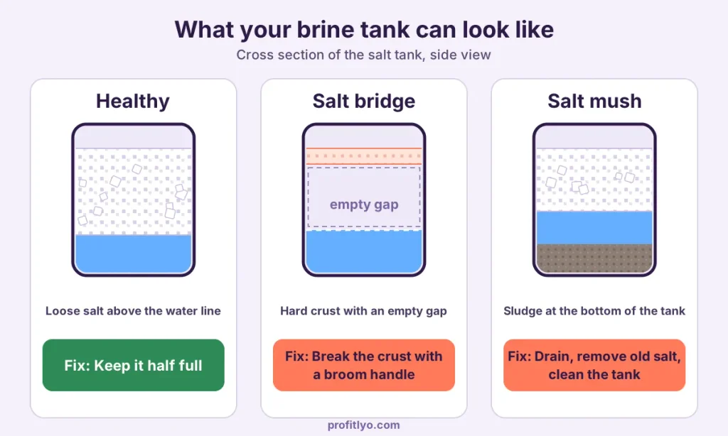 Water softener maintenance diagram of a healthy brine tank, a salt bridge and salt mush