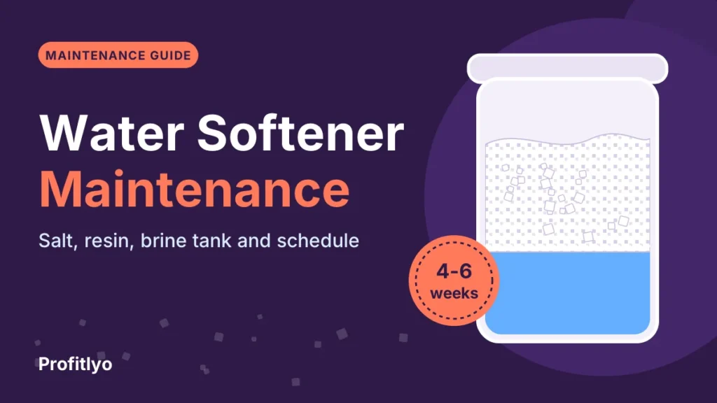 Water softener maintenance guide with a brine tank cutaway showing salt and water